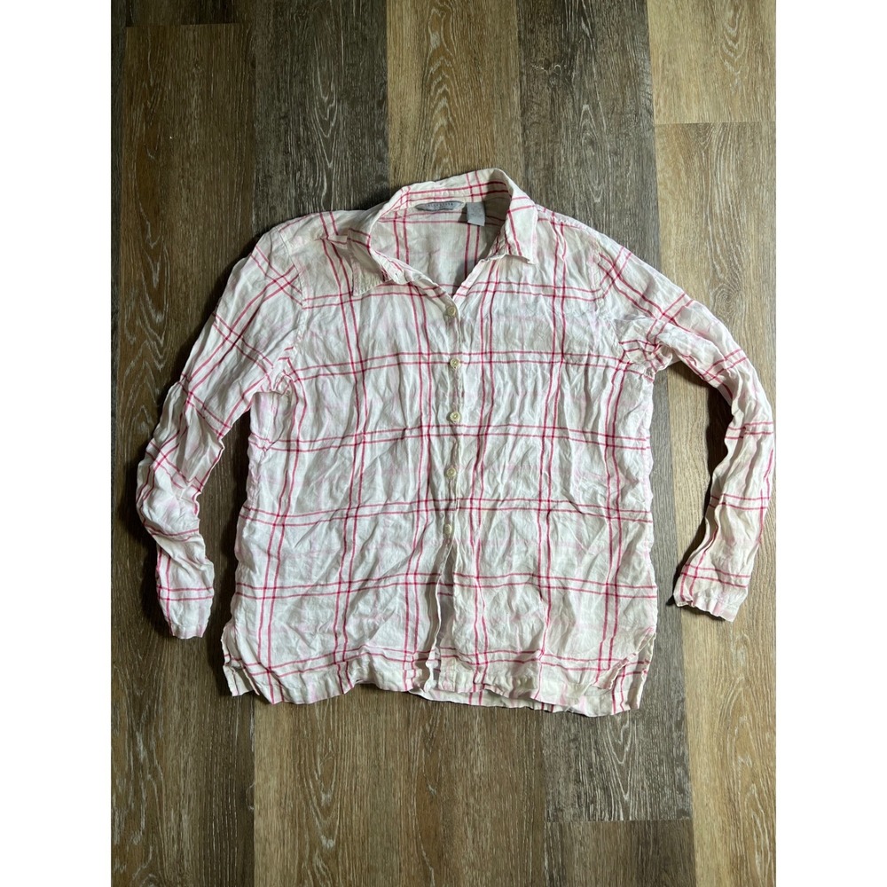 Collection by Charter Club Linen Shirt Womens XL Pink White Plaid Good Button Up
